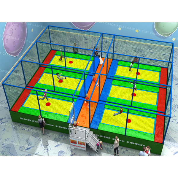 TRAMPOLINI "PRO" 6 TAPPETI CON PASSERELLA CENTRALE MT. 10,5 X 8,50 X 3,5 (H) DIVISORI ESCLUSI