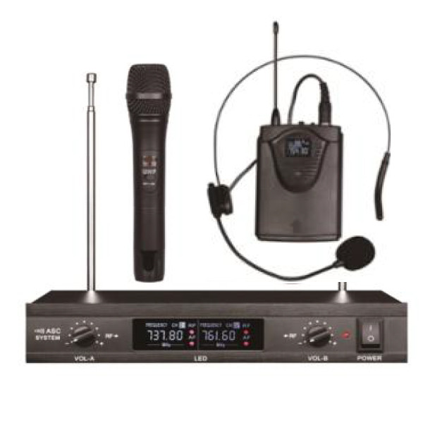 MICROFONO PALMARE + MICROFONO AD ARCHETTO CON RIPETITORE AD ANTENNE FW