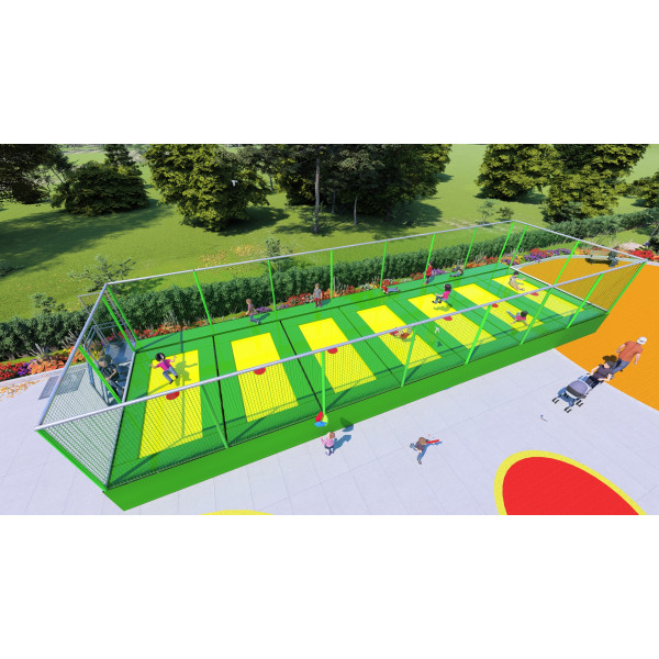 TRAMPOLINI "PRO" 7 TAPPETI CON PASSERELLA LATERALE MT. 20 x 6 x 3 (h) DIVISORI ESCLUSI