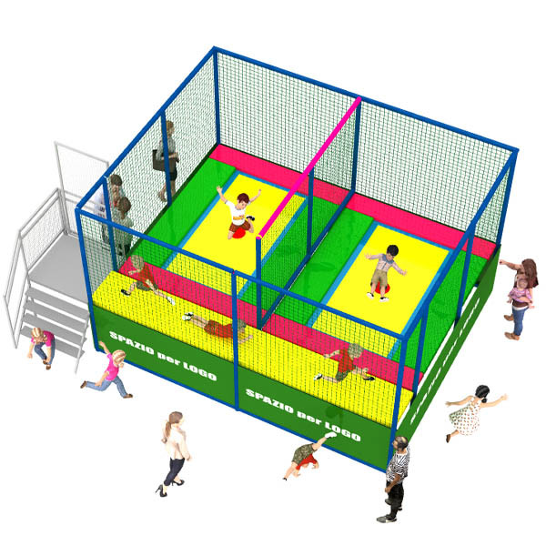 TRAMPOLINI "SMART" 2 POSTAZIONI CON PASSERELLA LATERALE DIM. MT. 4,58 X 3,6 X 3 (h) DIVISORI ESCLUSI