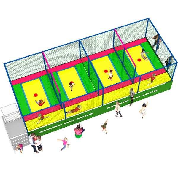 TRAMPOLINI "SMART" 4 POSTAZIONI CON PASSERELLA LATERALE DIM. MT. 3,6  X 9,1 X 3 (h) DIVISORI ESLCUSI